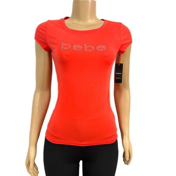 Bebe Basic Rhinestone Embellished bebe logo short sleeve Tee Coral Xsmall - Picture 2 of 8